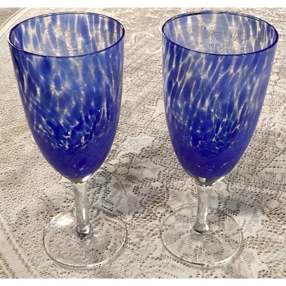 Set of 2 Degas Art Glass Wine - Water Glasses by Block Blue Swirled Blown - Picture 5 of 10